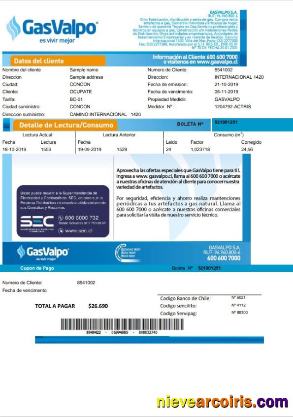 Chile GasValpo utility bill